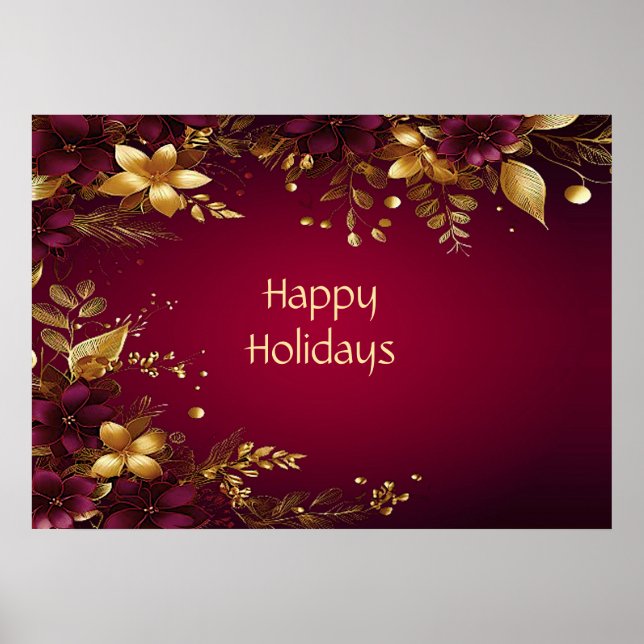 Burgundy Red Gold Flowers Holiday Poster (Front)