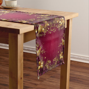 Burgundy Red Gold Flowers Holiday Table Runner