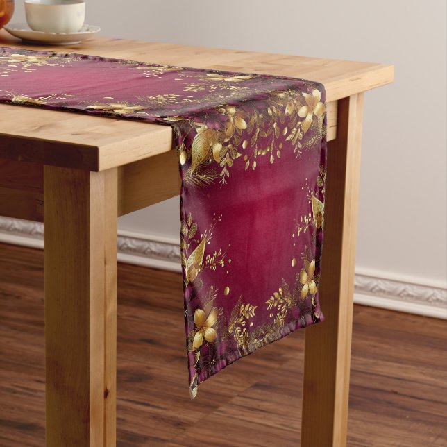 Burgundy Red Gold Flowers Holiday Table Runner (In Situ)