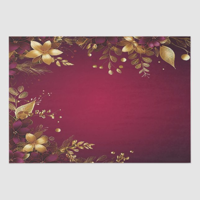 Burgundy Red Gold Flowers Holiday Tissue Paper (Front)