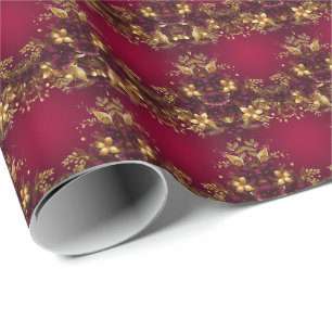 Burgundy Red Gold Flowers Holiday Wrapping Paper