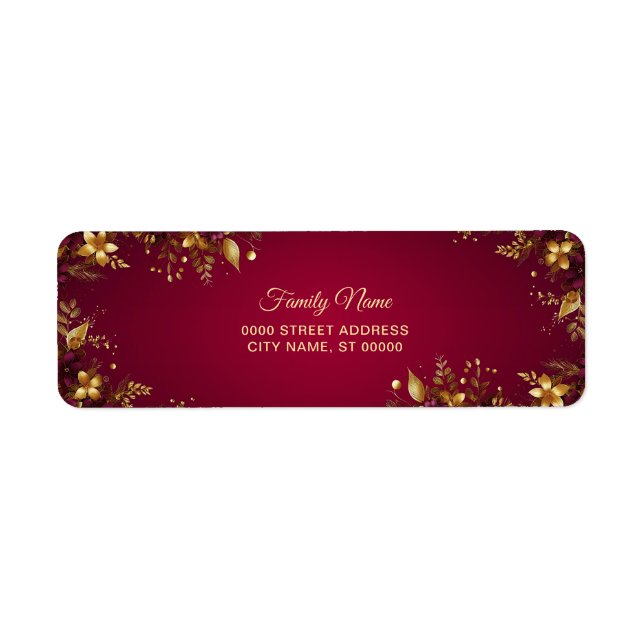 Burgundy Red Gold Flowers Return Address Label (Front)