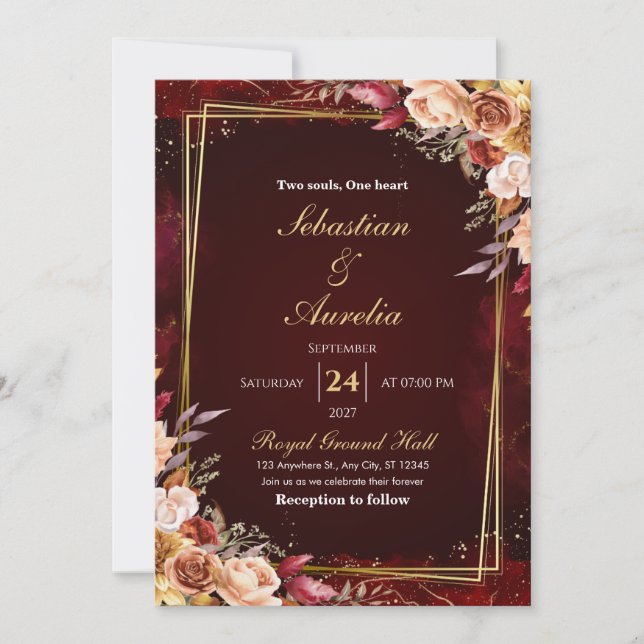 Burgundy Red & Gold Frame Floral Wedding Invite (Front)