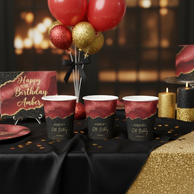 Burgundy Red Gold Glitter Abstract Watercolor Paper Cups (Creator Uploaded)