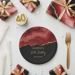 Burgundy Red Gold Glitter Abstract Watercolor Paper Plate