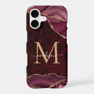 Burgundy Red Gold Glitter Agate Gemstone Monogram