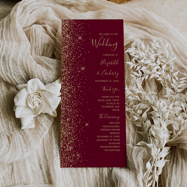 Burgundy Red Gold Glitter Edge Wedding Program (Creator Uploaded)