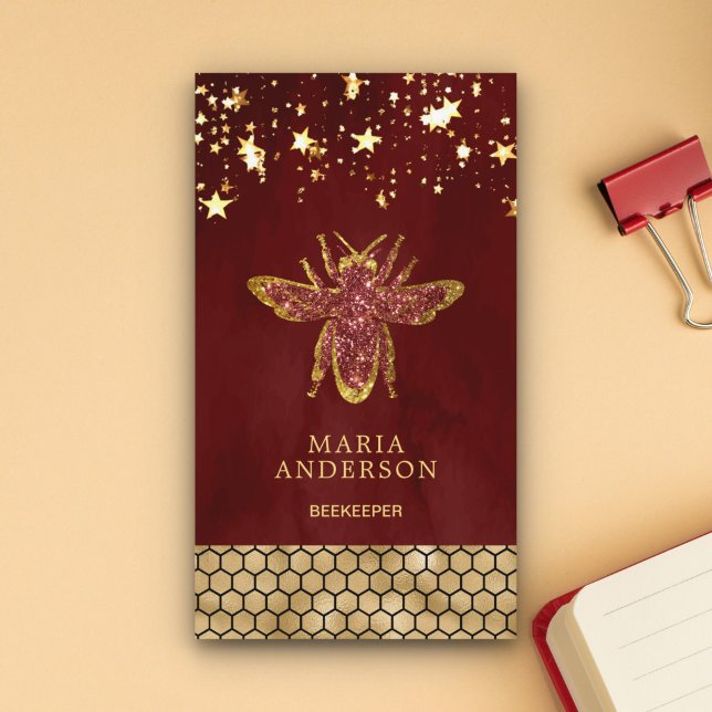 Burgundy Red Gold Glitter Honey Bee Beekeeper Business Card (Creator Uploaded)