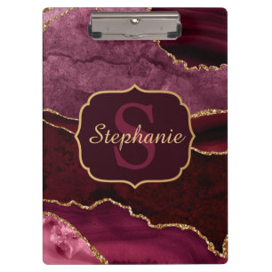 Burgundy Red & Gold Glitter Marble Agate Monogram Clipboard