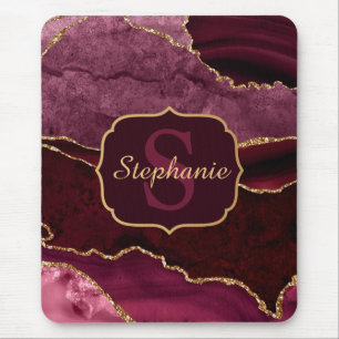 Burgundy Red & Gold Glitter Marble Agate Monogram Mouse Pad