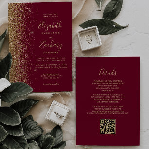Burgundy Red Gold Glitter QR Code Wedding Invitation