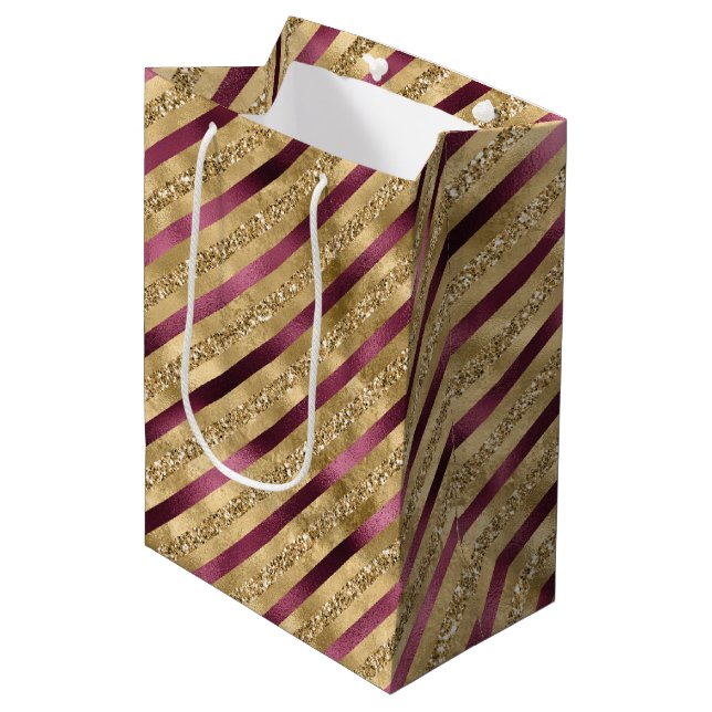 Burgundy Red Gold Glitter Stripes     Medium Gift Bag (Front Angled)