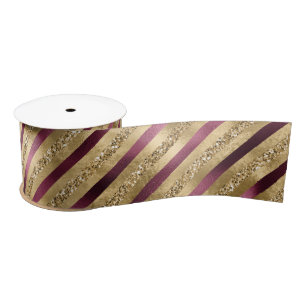 Burgundy Red Gold Glitter Stripes Satin Ribbon
