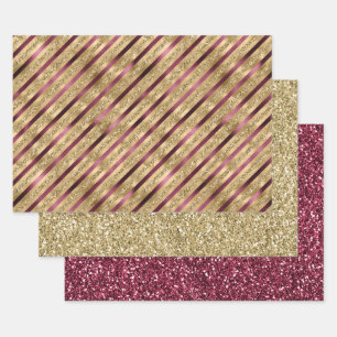 Burgundy Red Gold Glitter Stripes       Wrapping Paper Sheet