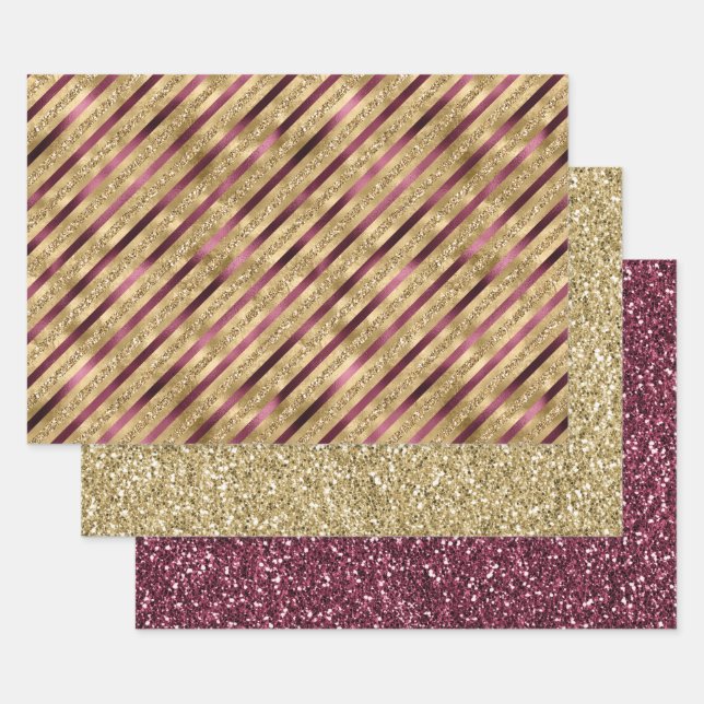 Burgundy Red Gold Glitter Stripes       Wrapping Paper Sheet (Set)