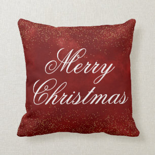 Burgundy Red  Gold Glitter White Merry Christmas Cushion