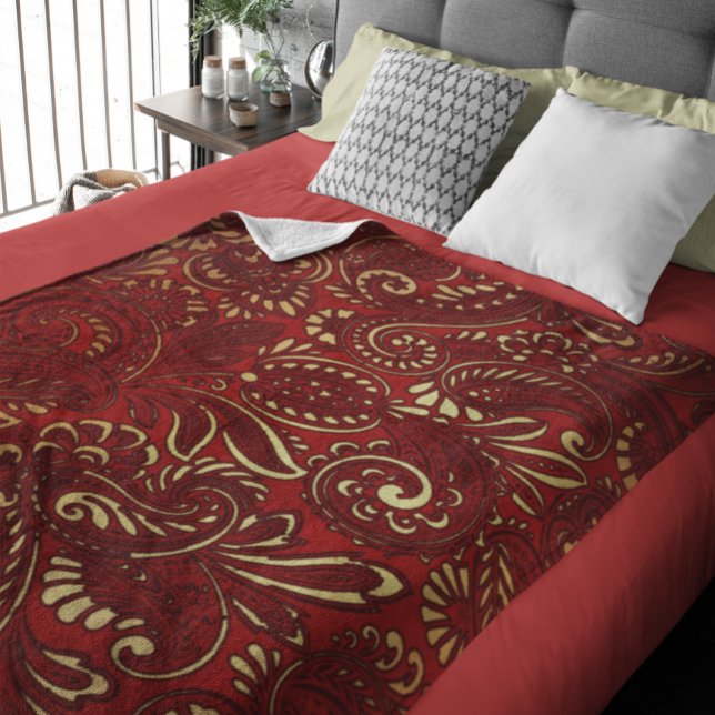 Burgundy Red Gold Indian Paisley Pattern Fleece Blanket (Creator Uploaded)