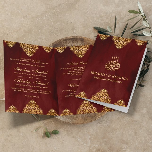 Burgundy Red Gold Islamic Motif Muslim Wedding Invitation (Creator Uploaded)