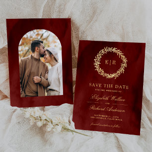 Burgundy Red Gold Leaf Branch Wedding Photo Save The Date