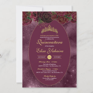 Burgundy Red Gold Luxury Elegant Quinceanera Invitation