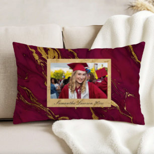 Burgundy Red Gold Marble Custom Graduation Photo Decorative Cushion