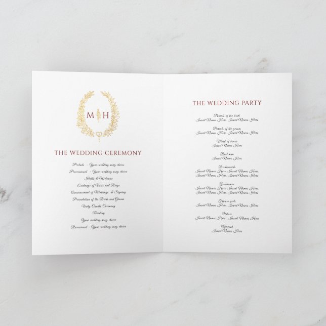 Burgundy red gold oval leaf monogram art wedding program (Inside)