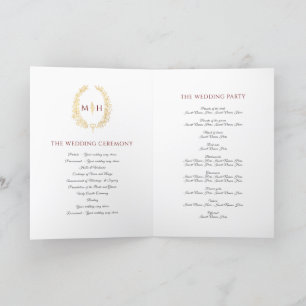 Burgundy red gold oval leaf monogram art wedding program