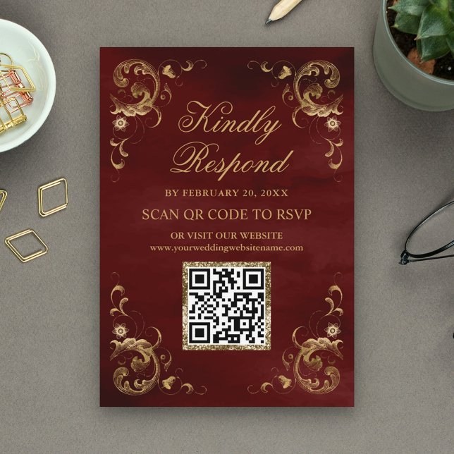 Burgundy Red Gold QR Code RSVP Wedding Website Enclosure Card (Creator Uploaded)
