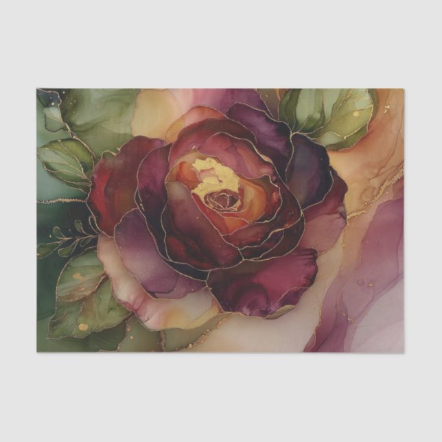 Burgundy Red Gold Rose Floral Bridal Shower Tissue Paper (Front)
