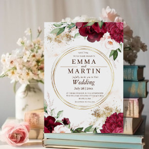  Burgundy Red Gold Roses Flower Elegant Wedding  Invitation