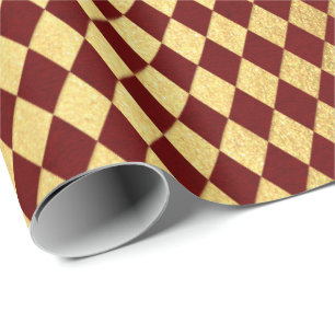 Burgundy Red Gold Royal Chessboard Diamond Cut Wrapping Paper