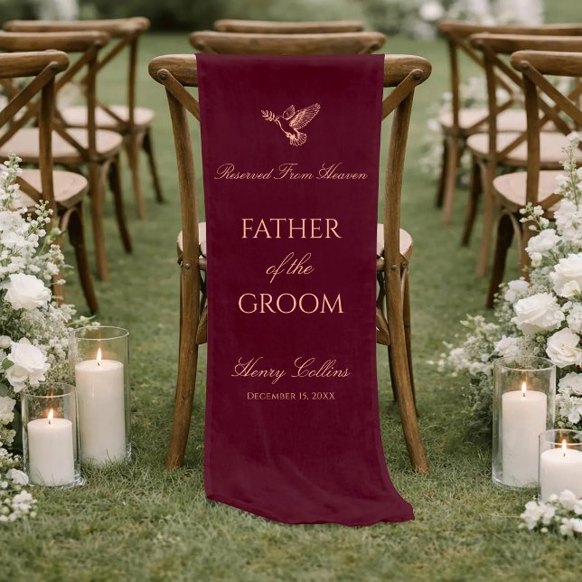 Burgundy Red Gold Script Father Of The Bride Linen Short Table Runner (Creator Uploaded)