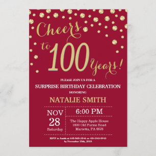 Burgundy Red Gold Surprise 100th Birthday Diamond Invitation