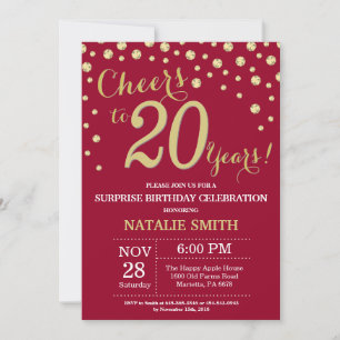 Burgundy Red Gold Surprise 20th Birthday Diamond Invitation