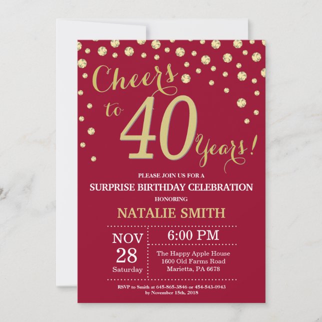 Burgundy Red Gold Surprise 40th Birthday Diamond Invitation (Front)