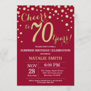 Burgundy Red Gold Surprise 70th Birthday Diamond Invitation