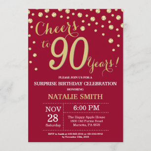 Burgundy Red Gold Surprise 90th Birthday Diamond Invitation