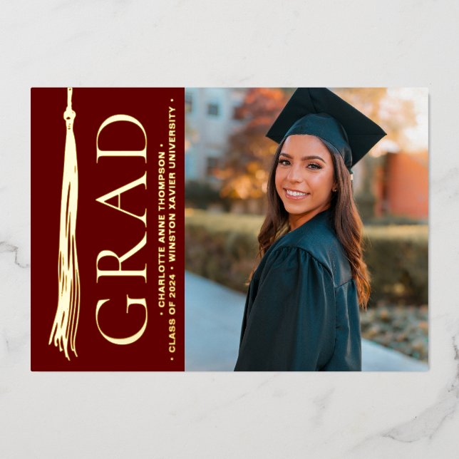 Burgundy Red Gold Tassel Grad Party Custom Photo  Foil Holiday Card (Front)