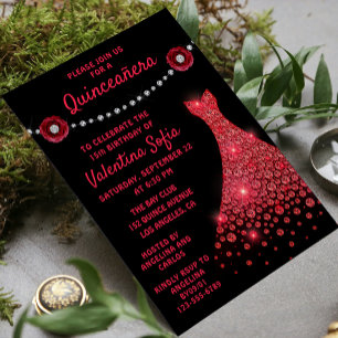 Burgundy Red Gown Diamond Rose Modern Quinceañera Invitation