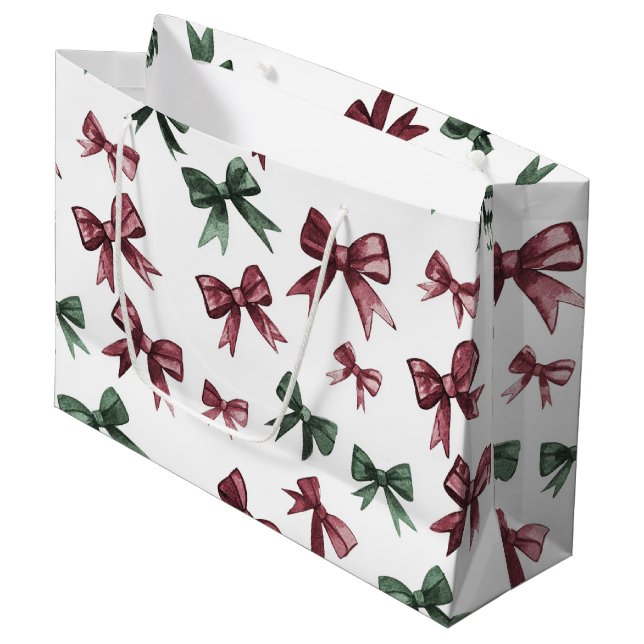 Burgundy Red Green Christmas Bows Large Gift Bag (Front Angled)