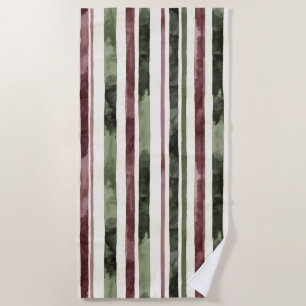 Burgundy Red Green Cream Stripes   Beach Towel