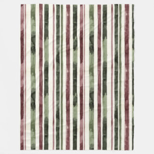Burgundy Red Green Cream Stripes Christmas Fleece Blanket