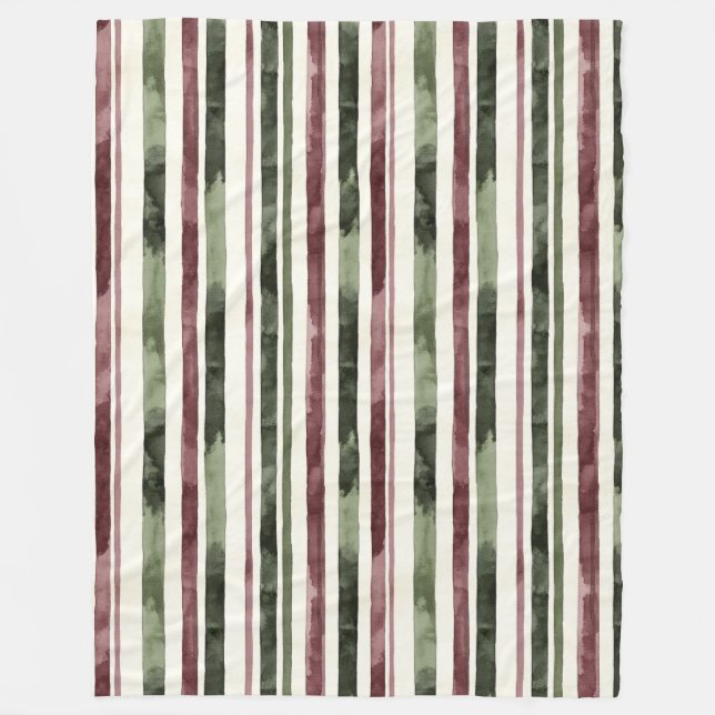Burgundy Red Green Cream Stripes Christmas Fleece Blanket (Front)