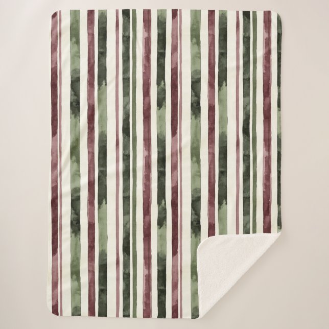 Burgundy Red Green Cream Stripes Christmas Sherpa Blanket (Front)