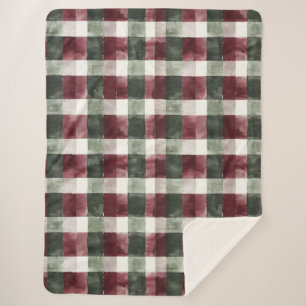 Burgundy Red Green Cream White Plaid Stripes   Sherpa Blanket