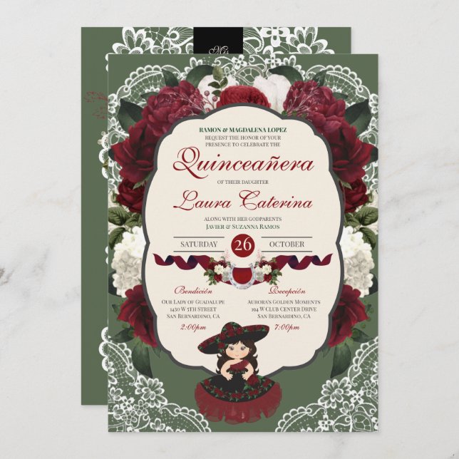 Burgundy Red Green Floral Rose Charro Quinceanera Invitation (Front/Back)
