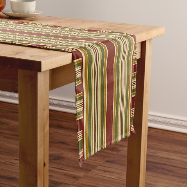 Burgundy Red Green Ochre Yellow Stripes Pattern Long Table Runner (In Situ)