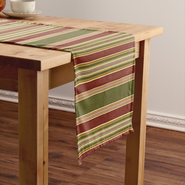 Burgundy Red Green Ochre Yellow Stripes Pattern Short Table Runner (In Situ)