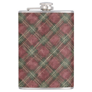 Burgundy Red Green Plaid Hip Flask