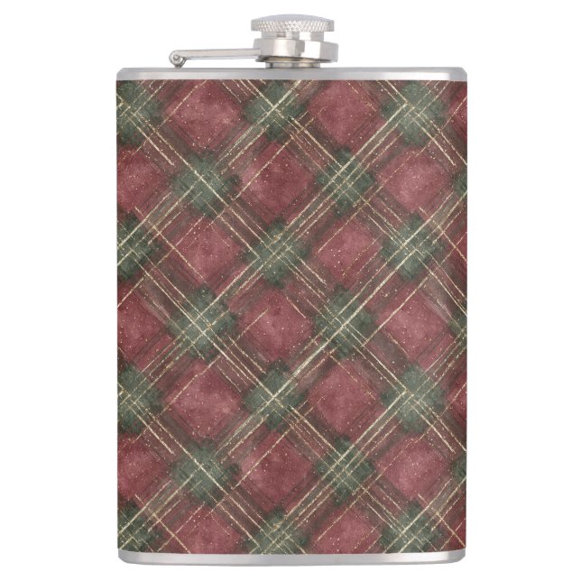 Burgundy Red Green Plaid Hip Flask (Front)